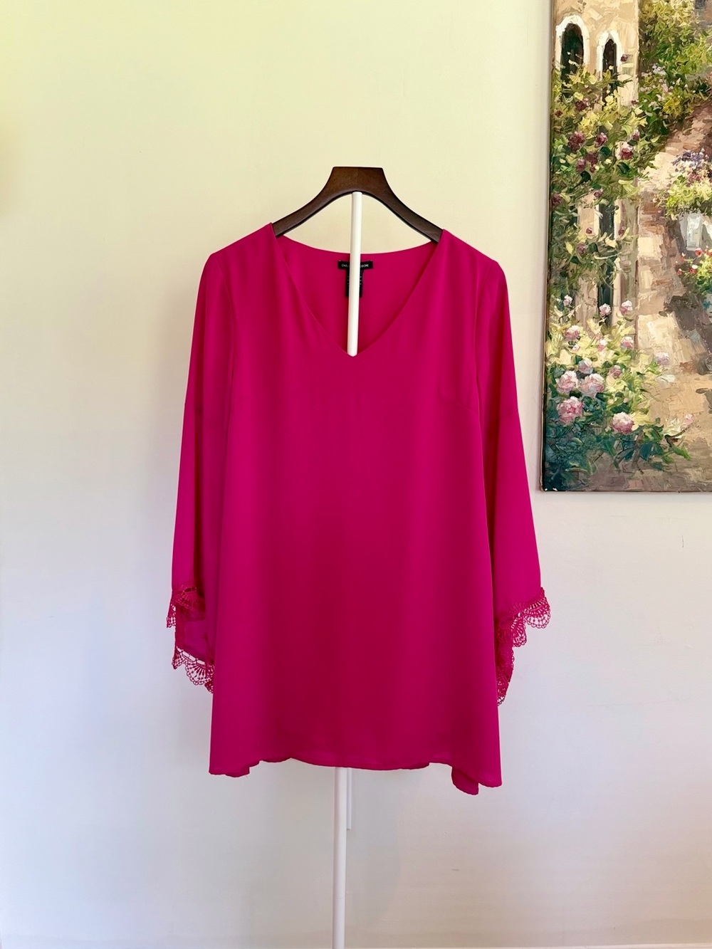 Chelsea & Theodore Hot Pink Chiffon Lace Sleeve Shift Dress Small Summer Resort